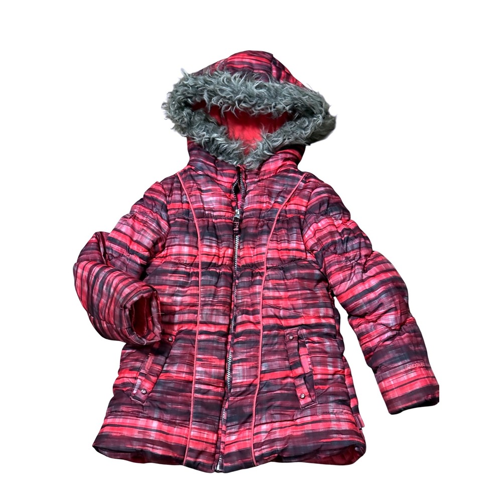 London Fog Girls Red Pink Plaid Puffer Jacket Faux Fur Hood Fleece Lined Size 6X